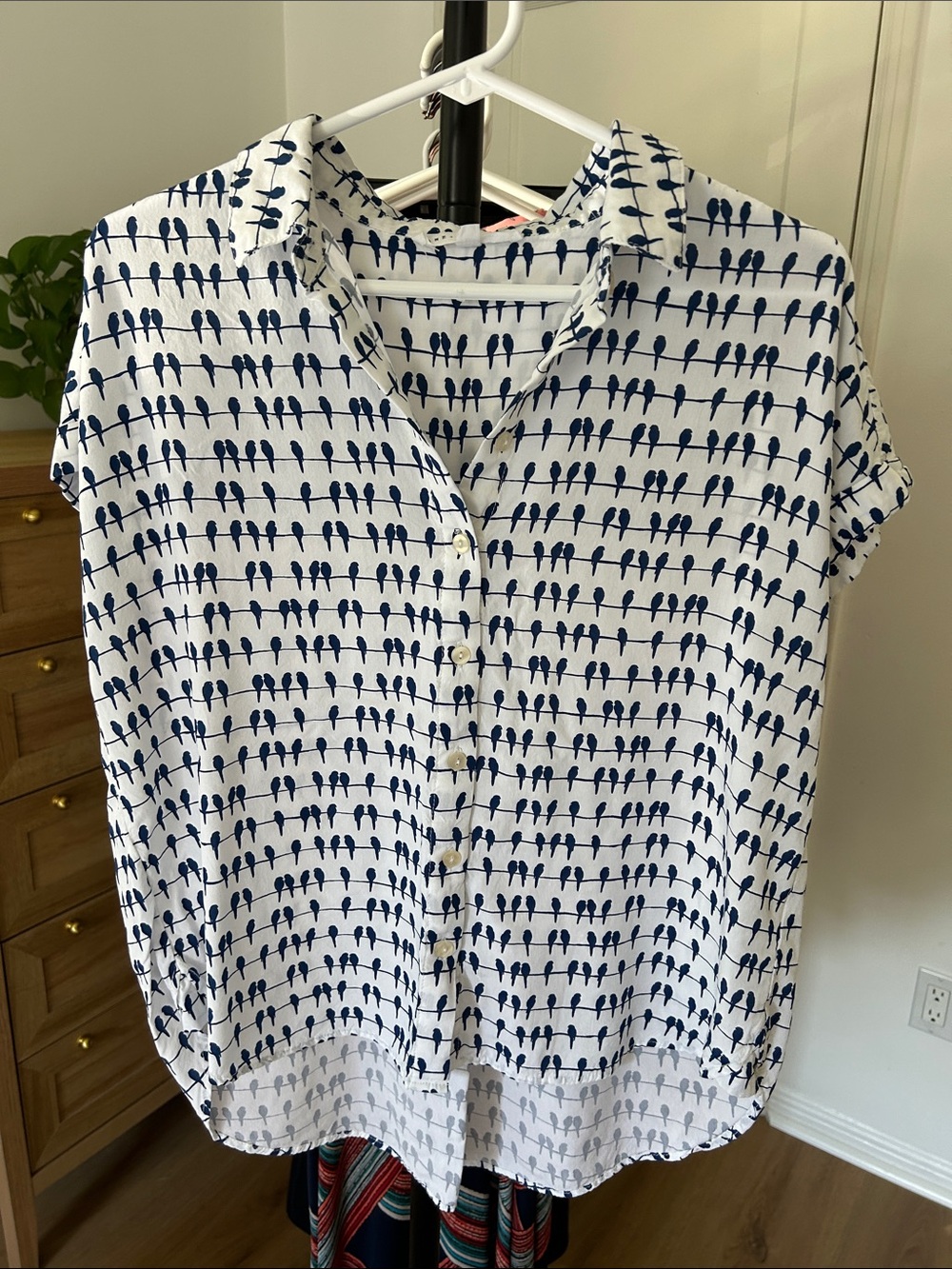 Jane and Delancey White Short-Sleeve Button-Down with Navy Bird Stripe Print